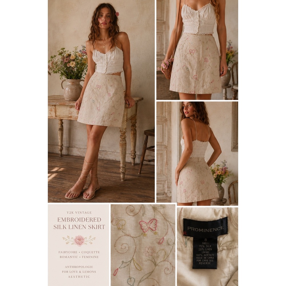 Y2K‎ Embroidered Silk Linen Mini Skirt Fairycore Coquette Cottagecore 8